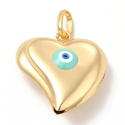 Pale Turquoise Brass Pendants, with Enamel, Real 18K Gold Plated, Long-Lasting Plated, Heart with Evil Eye Charm, Pale Turquoise, 33x30x12mm, Hole: 8.5x5mm