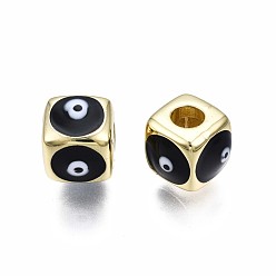 Black Brass European Beads, with Enamel, Large Hole Beads, Real 18K Gold Plated, Nickel Free, Cube with Evil Eye, Black, 9x10x10mm, Hole: 4mm