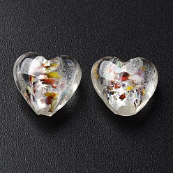 Clair Perles de verre en feuille d'argent au chalumeau faites à la main, cœur, clair, 15~16x15.5x9~10mm, Trou: 1.2mm