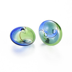 Light Green Transparent Handmade Blown Glass Globe Beads, Stripe Pattern, Flat Round, Light Green, 14~16x10~11mm, Hole: 1~2mm