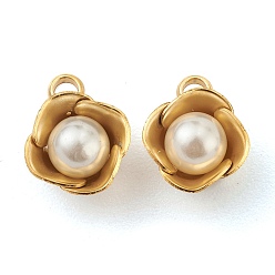 Golden 304 Stainless Steel Pendants, with White Plastic Imitation Pearl Beads, 3D Flower, Golden, 10x8x6mm, Hole: 1.8mm