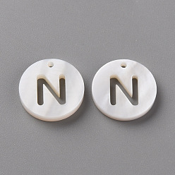 Letter N Natural Freshwater Shell Pendants, Flat Round with Letter, Letter.N, 12x1.5mm, Hole: 1mm