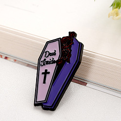 Dark Blue Halloween Theme Enamel Pin, Alloy Brooch for Backpack Clothes, Coffin with Rose, Dark Blue, 30x21mm