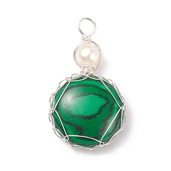 Malachite Synthetic Malachite  Pendants, with Silver Tone Copper Wire and Cultured Freshwater Pearl, Flat Round Charm, 34~37x21~22x7~8mm, Hole: 4~4.5mm
