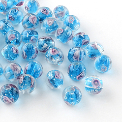 Deep Sky Blue Handmade Luminous Inner Flower Lampwork Beads, Round, Deep Sky Blue, 9~10mm, Hole: 1~2mm