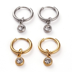 Golden & Stainless Steel Color 304 Stainless Steel Huggie Hoop Earrings, with Rhinestone Birthstone Charms, Flat Round, Crystal, Golden & Stainless Steel Color, 22mm, Pin: 1mm, 2 pairs/set