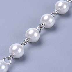 White Handmade Dyed Glass Pearl Beaded Chains, Unwelded, with Iron Eye Pin, Platinum, White, 39.37 inch, 1m/strand