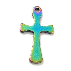 Rainbow Color Ion Plating(IP) 201 Stainless Steel Pendants, Cross Charms, Rainbow Color, 13x7.5x1mm, Hole: 0.8mm