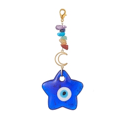 Star Evil Eye Lampwork Pandant Decorations, with Alloy Rhinestone Links and Stainless Steel Lobster Claw Clasps, Gemstone Chip Bead, Star, 108mm
