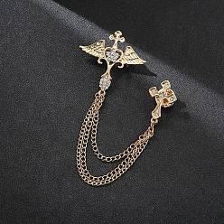 Golden Angel Wing & Cross Chain Tassel Dangle Brooch Pin, Alloy Rhinestone Badge for Jackets Hats Bags, Golden, 190mm