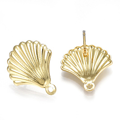 Light Gold Alloy Stud Earring Findings, with Loop, Steel Pins, Shell, Light Gold, 18x15mm, Hole: 1.2mm, Pin: 0.7mm