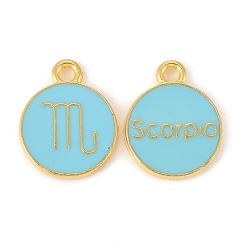 Scorpion Pendentifs en émail , plat rond avec constellation / signe du zodiaque, or, bleu ciel, Scorpion, 15x12x2mm, Trou: 1.5mm