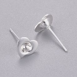 Argent 304 sertissage de boucles d'oreille en acier inoxydable, cœur, argenterie, cœur: 7x7.5 mm, pin: 0.7 mm, plateau: 3 mm