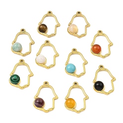Mixed Stone Natural & Synthetic Mixed Gemstone Pendants, Ion Plating(IP) 316 Stainless Steel Hamsa Hand Charms, Real 24K Gold Plated, 21x15x5mm, Hole: 1.2mm