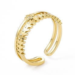 Chapado en Oro Real de 14K Chapado en iones (ip) 304 anillo de hoja de acero inoxidable para mujer, anillos abiertos de banda ancha de doble capa, real 14 k chapado en oro, 3.5~6 mm, diámetro interior: tamaño de EE. UU. 7 (17.3 mm)
