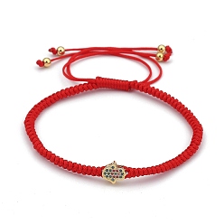 Doré  Nylon réglable bracelets cordon tressé de perles, bracelets ficelle rouge, avec 304 perles rondes en acier inoxydable et perles de zircone cubique en laiton, hamsa main / main de fatima / main de miriam, rouge, or, diamètre intérieur: 2-3/8~4 pouce (6.2~10.2 cm)