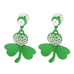 Lime Green Saint Patrick's Day Zinc Alloy Clover Dangle Stud Earrings with Rhinestones, Lime Green, 48x29mm