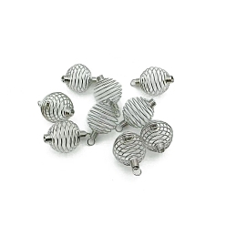 Platinum Carbon Steel Spiral Bead Cage Pendants, Hollow Spring Ball Charms, Platinum, 32x20mm