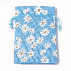 Flower Burlap Packing Pouches Drawstring Bags, Rectangle, Deep Sky Blue, Flower, 13.5~14x10x0.35cm