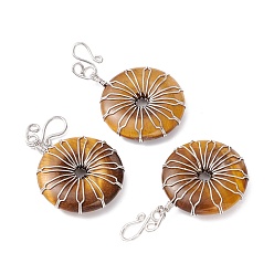 Tiger Eye Natural Tiger Eye Big Pendants, with Platinum Plated Brass Wires Wrapped, Flat Round, 50~53.5x30~31x7.5mm, Hole: 7.55mm