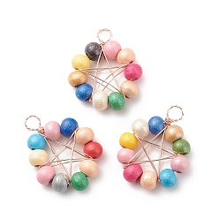 Colorful Natural Wood Round Beads Pendants, with Raw(Unplated) Copper Wire Wrapped, Ring with Star Charm, Dyed, Colorful, 27.5~29x22~23x5.5~6mm, Hole: 4mm