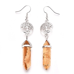 Picture Jasper Pointed Bullet Natural Picture Jasper Dangle Earrings, with Brass Earring Hooks and Flat Round with Tree of Life Links, Platinum, 76mm, Pin: 0.7mm
