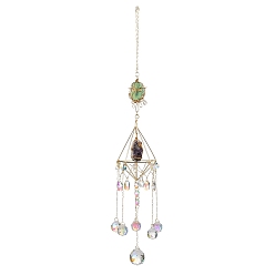 Oro Decoraciones colgantes con borlas de ágata natural y amatista, con perlas de vidrio, amuletos de resina y fornituras de hierro, rombo, dorado, 485 mm