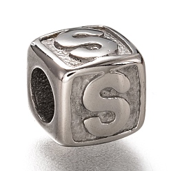 Letter S 304 acier inoxydable perles européennes, Perles avec un grand trou   , trou horizontal, cube avec la lettre, couleur inox, letter.s, 8x8x8mm, Trou: 4.5mm