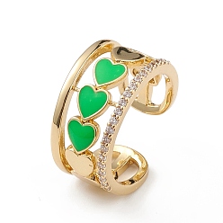 Verde Lima Anillo de puño abierto de corazón de esmalte con circonita cúbica transparente, joyas de latón chapado en oro real 18k para mujer, sin plomo y el cadmio, verde lima, tamaño de EE. UU. 6 (16.5 mm)