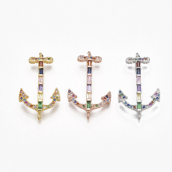 Mixed Color Brass Cubic Zirconia Links, Anchor, Mixed Color, 29x17x4.5mm, Hole: 0.8mm