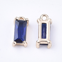 Medium Blue Transparent Glass Charms, with Brass Findings, Faceted, Rectangle, Light Gold, Medium Blue, 8.5x4x3mm, Hole: 1mm