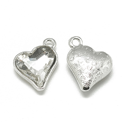 Clear Alloy Glass Pendants, Faceted, Heart, Platinum, Clear, 17x15x5mm, Hole: 1.5mm