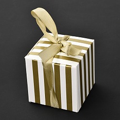 Dark Khaki Square Foldable Creative Paper Gift Box, Stripe Pattern with Ribbon, Decorative Gift Box for Weddings, Dark Khaki, 55x55x55mm