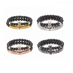 Mixed Color 2Pcs 2 Style Synthetic Hematite & Black Stone & Natural Obsidian Stretch Bracelets Set with Cubic Zirconia Skull, Gemstone Jewelry for Women, Mixed Color, Inner Diameter: 2-3/8 inch(6cm), 1Pc/style