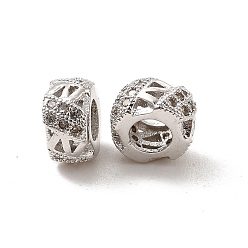 Platinum Rack Plating Brass Micro Pave Cubic Zirconia European Beads, Large Hole Beads, Long-Lasting Plated, Cadmium Free & Lead Free, Hollow Flat Round, Platinum, 8x4.5mm, Hole: 4mm