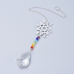 Clair Cristal lustre suncatchers prismes chakra pendentif suspendu, avec des chaînes de câble de fer, perles de verre et pendentifs en laiton, flocon de neige avec larme, clair, 370mm