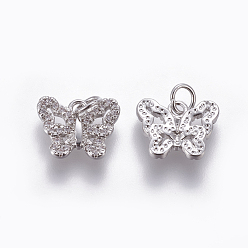 Platinum Brass Micro Pave Cubic Zirconia Charms, Butterfly, Clear, Platinum, 10x12.5x2mm, Hole: 3mm