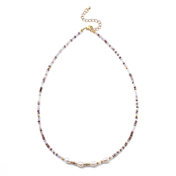Plum Beaded Necklaces, with Brass Beads, Glass Beads, Natural Pearl Beads and 304 Stainless Steel Lobster Claw Clasps, Golden, Plum, 17.91 inch(45.5cm)