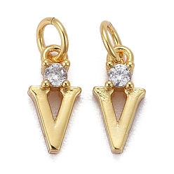 Letter V Brass Micro Pave Clear Cubic Zirconia Pendants, with Jump Rings, Real 18K Gold Plated, Long-Lasting Plated, Letter, Letter.V, 9.5x4.5x2mm