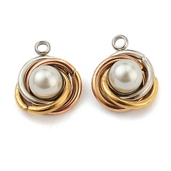 Golden & Stainless Steel Color 304 Stainless Steel Charms, with White Plastic Imitation Pearl Beads, Vortex, Golden & Stainless Steel Color, 14x12x7mm, Hole: 1.6mm