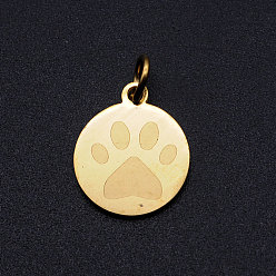 Golden 201 Stainless Steel Pet Charms, with Jump Rings, Flat Round with Dog Paw Prints, Golden, 14.5x12x1mm, Hole: 3mm