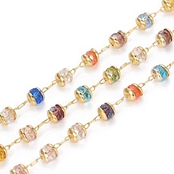 Coloré Main chaînes de perles de verre, avec les accessoires en laiton, plaqué longue durée, rondelle, facette, soudé, or, colorées, 4mm, environ 32.8 pieds (10 m)/rouleau