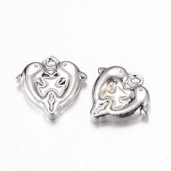 Stainless Steel Color 201 Stainless Steel Charms, Heart with Dolphin, Stainless Steel Color, 13x14x3.5mm, Hole: 1.5mm