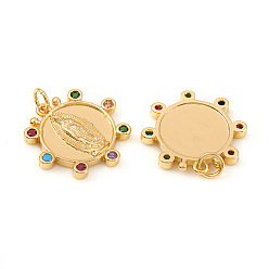 Real 18K Gold Plated Brass Micro Pave Cubic Zirconia Pendants, Lady of Guadalupe Charms, with Jump Rings, Flat Round with Virgin Mary, Colorful, Real 18K Gold Plated, 20x20.5x2mm, Jump Ring: 5x0.8mm, Hole: 3.5mm