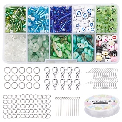 Green Natural Stone Chip Beads DIY Jewelry Set Making Kit, Including Natural Green Aventurine & Quartz Crystal & Acrylic & Glass Seed & Shell Beads, Iron Earring Hooks & Jump Rings & Pin & End Chain, Alloy Clasps, Elastic Thread, Green, Beads: 107.5g/set