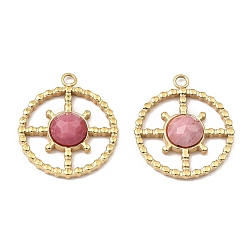 Rhodonite Natural Rhodonite Facete Sun Pendants, Ion Plating(IP) 316 Stainless Steel Flat Round Charms, Real 24K Gold Plated, 21x18.5x4mm, Hole: 1.8mm