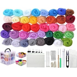 Mixed Color DIY Needle Felting Kits for Beginners Arts, including 40 Colors Wool Roving, Punch Needles, Foam Pad, Finger Guard, Scissors, Keychain Chain and Craft Eyes, Mixed Color, 165x165x13mm