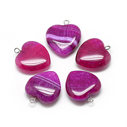 Camellia Natural Brazilian Agate Pendants, Dyed & Heated, with Iron Findings, Heart, Platinum, Camellia, 22x20x6mm, Hole: 1.5mm