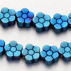 Blue Plated Electroplate Non-magnetic Synthetic Hematite Beads Strands, Flower, Blue Plated, 8x3mm, Hole: 1mm, about 54pcs/strand, 15.7 inch