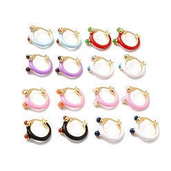 Mixed Color Enamel Hoop Earrings with Cat Eye, Real 18K Gold Plated Brass Hinged Earrings for Women, Lead Free & Cadmium Free & Nickel Free, Mixed Color, 15.5x18x8mm, Pin: 0.4x0.7mm